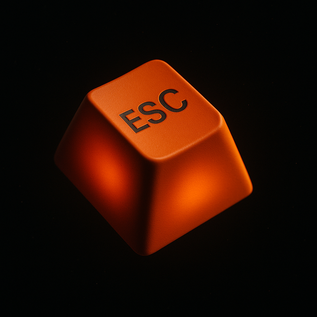 A single orange ESEC mechanical keycap floating against deep black